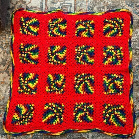 Rainbow Multicolor Granny Square Crochet Blanket - 40” - Picture 1 of 5